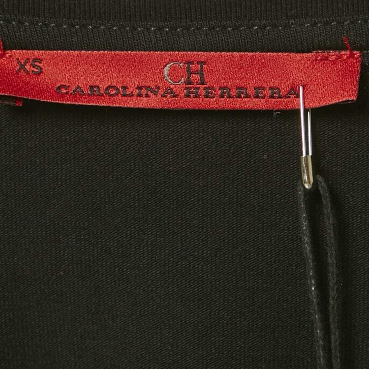 Pre Owned CH Carolina Herrera Black Floral Embellished and Logo Embroidery Cotton T-Shirt XS