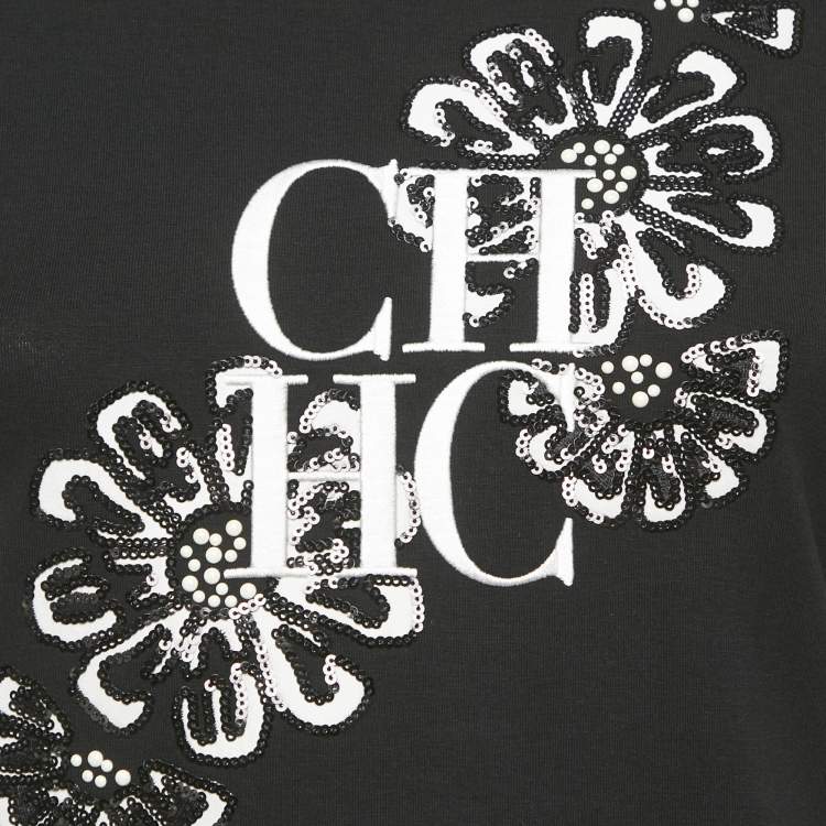 Pre Owned CH Carolina Herrera Black Floral Embellished and Logo Embroidery Cotton T-Shirt XS