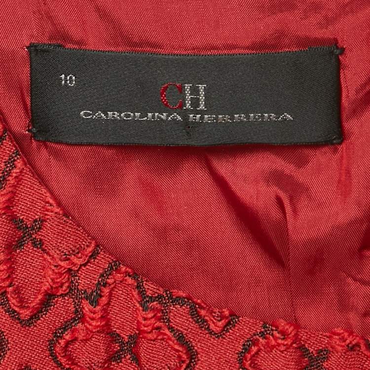 Pre Owned CH Carolina Herrera Red Jacquard Bow Detail Mini Dress L