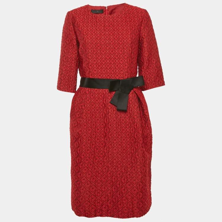 Pre Owned CH Carolina Herrera Red Jacquard Bow Detail Mini Dress L