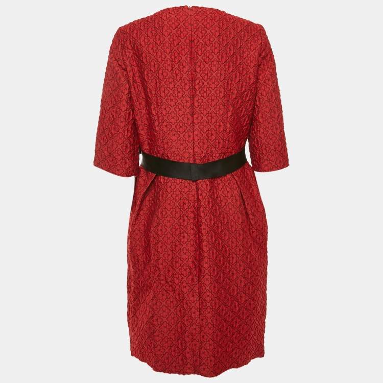 Pre Owned CH Carolina Herrera Red Jacquard Bow Detail Mini Dress L