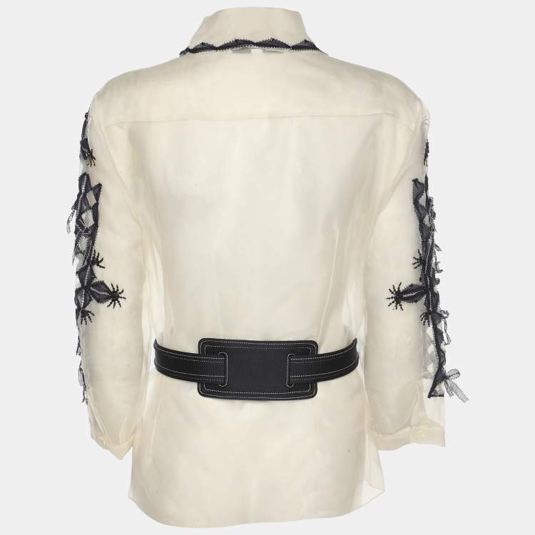 Pre Owned CH Carolina Herrera Off-White/Blue Tulle Embroidered Tops L