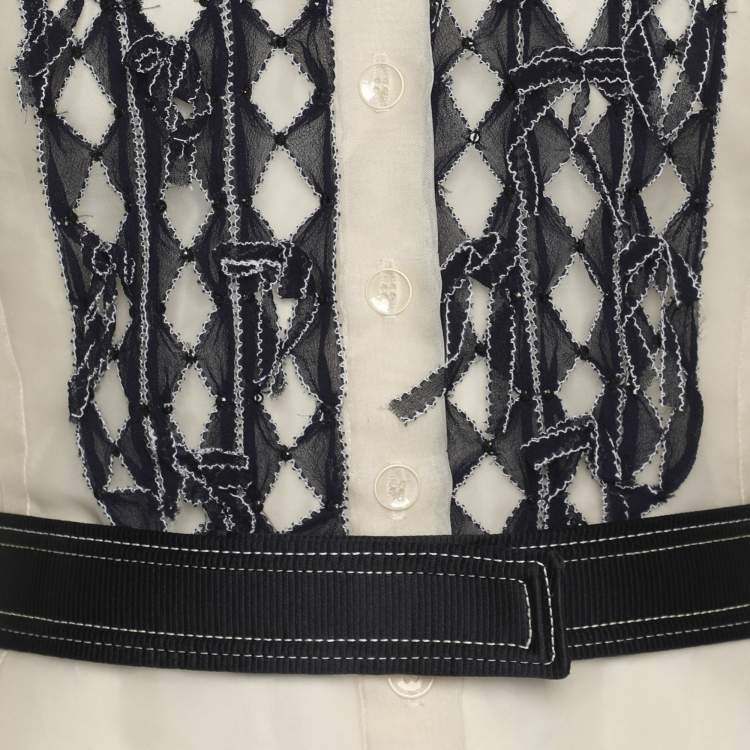 Pre Owned CH Carolina Herrera Off-White/Blue Tulle Embroidered Tops L