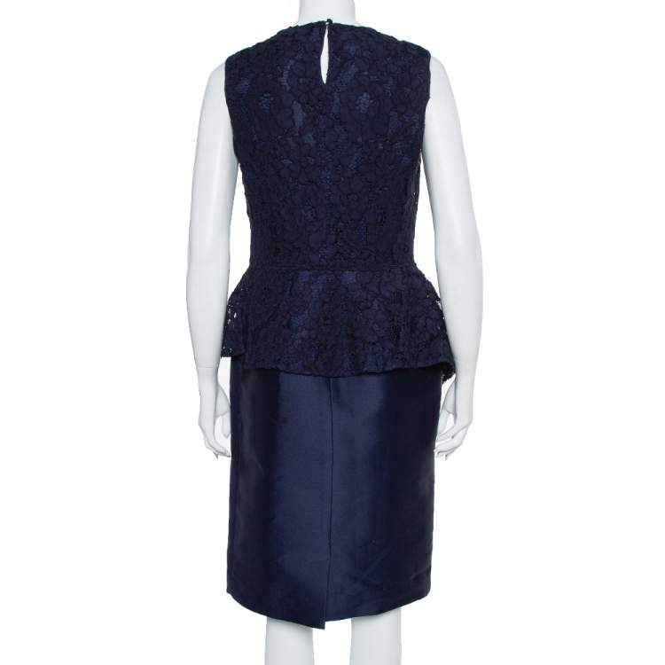 Pre Owned CH Carolina Herrera Navy Blue Lace Sleeveless Peplum Dress M