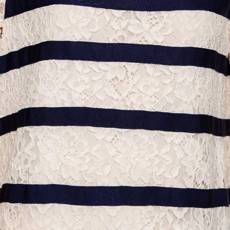 Pre Owned CH Carolina Herrera White Lace Striped Detailed Short Dress L