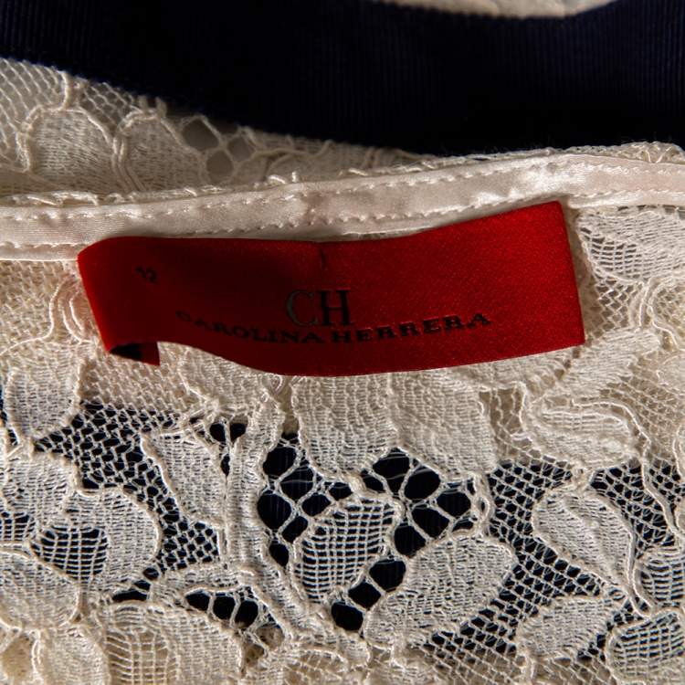 Pre Owned CH Carolina Herrera White Lace Striped Detailed Short Dress L