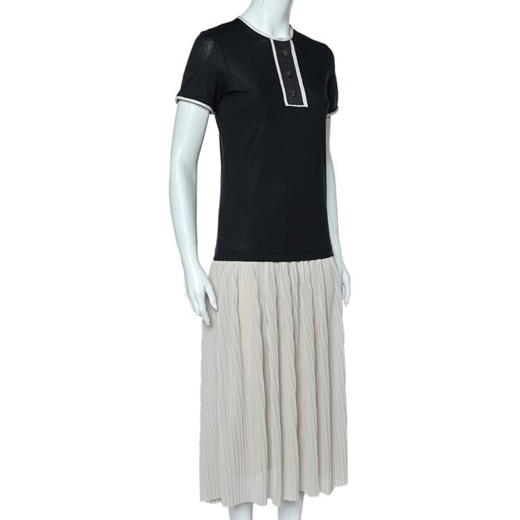 Pre Owned CH Carolina Herrera Black & Beige Cotton & Silk Plisse Detail Midi Dress XS