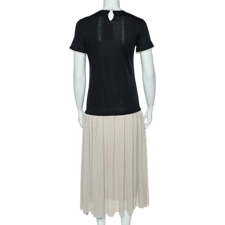 Pre Owned CH Carolina Herrera Black & Beige Cotton & Silk Plisse Detail Midi Dress XS