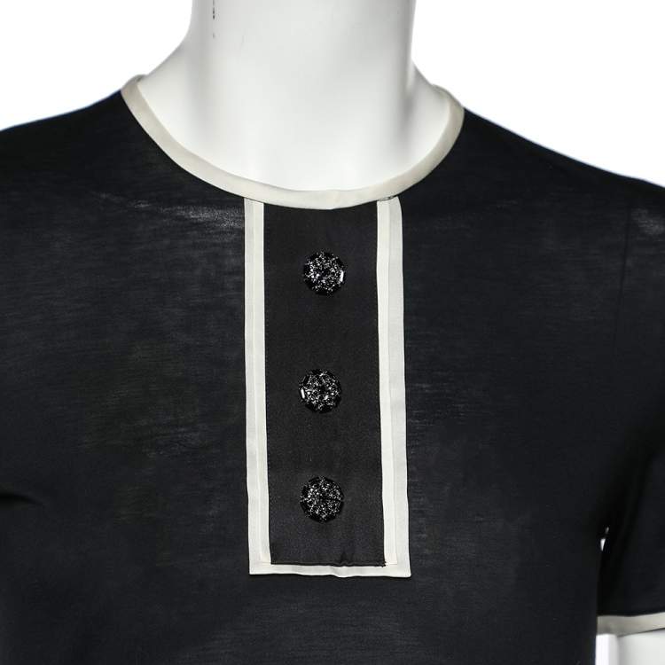 Pre Owned CH Carolina Herrera Black & Beige Cotton & Silk Plisse Detail Midi Dress XS
