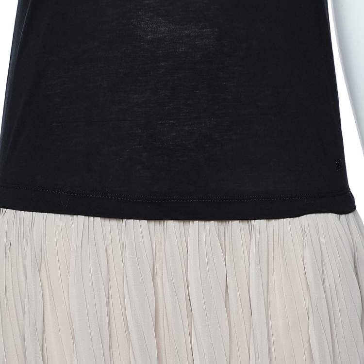 Pre Owned CH Carolina Herrera Black & Beige Cotton & Silk Plisse Detail Midi Dress XS
