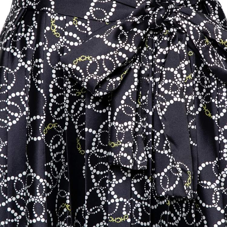 مملوكة مسبقًا CH Carolina Herrera Navy Blue Logo Printed Pleated Sateen Sleeveless Belted Midi Dress L