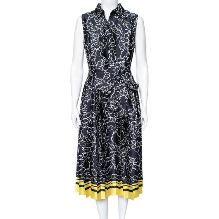 مملوكة مسبقًا CH Carolina Herrera Navy Blue Logo Printed Pleated Sateen Sleeveless Belted Midi Dress L