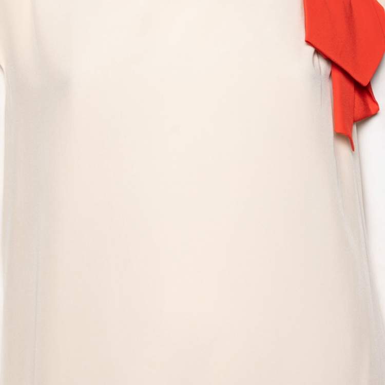 مملوكة مسبقًا CH Carolina Herrera Cream Silk Bow Applique Cap Sleeves Top L