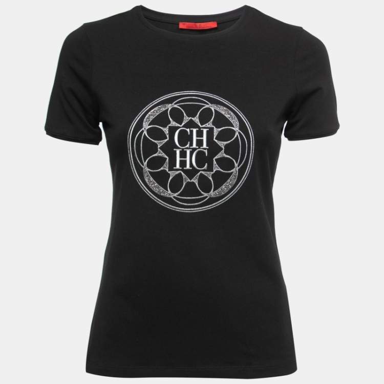 Pre Owned CH Carolina Herrera Black Cotton Logo Embroidered T-Shirt XS