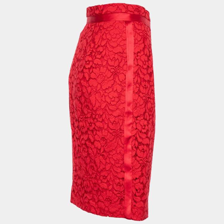 Pre Owned CH Carolina Herrera Red Lace Trim Detail Mini Skirt M