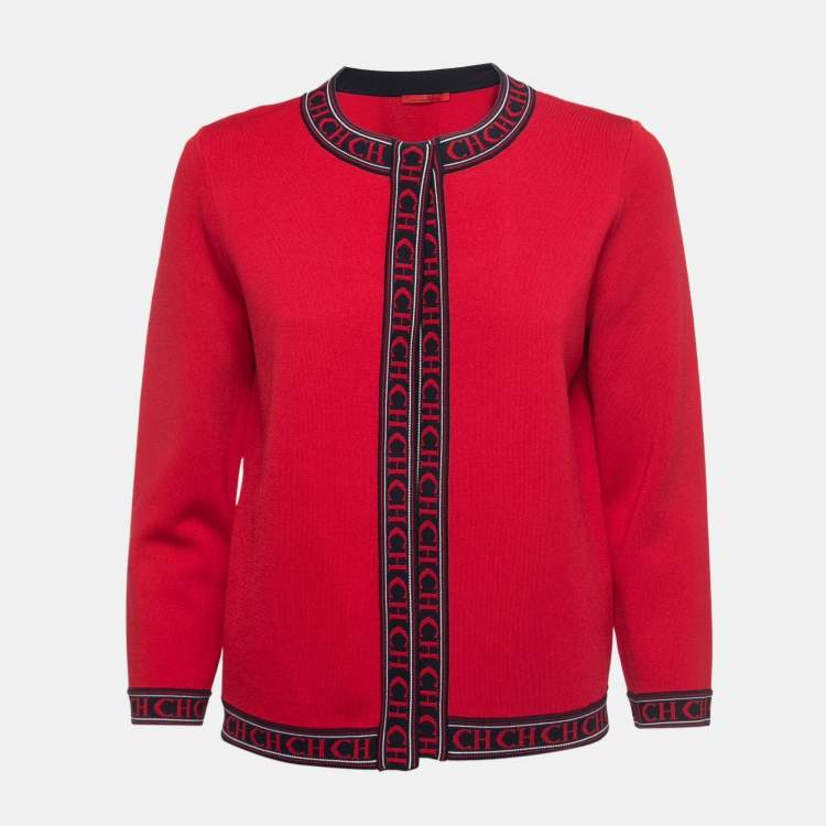 Pre Owned CH Carolina Herrera Red Knit Logo Tape Detailed Open Front Cardigan M