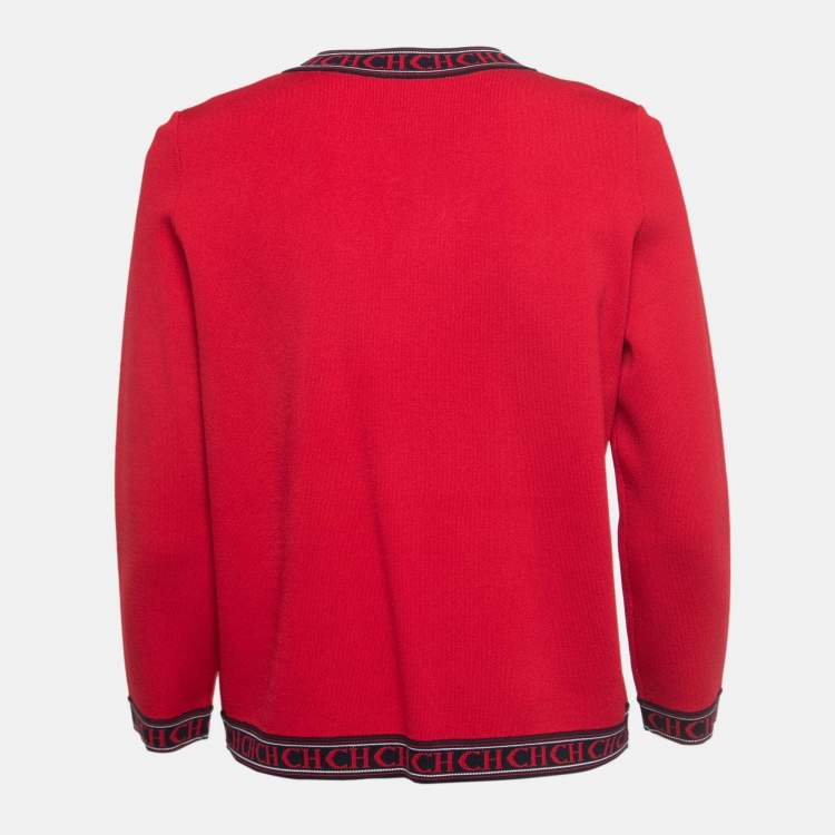 Pre Owned CH Carolina Herrera Red Knit Logo Tape Detailed Open Front Cardigan M