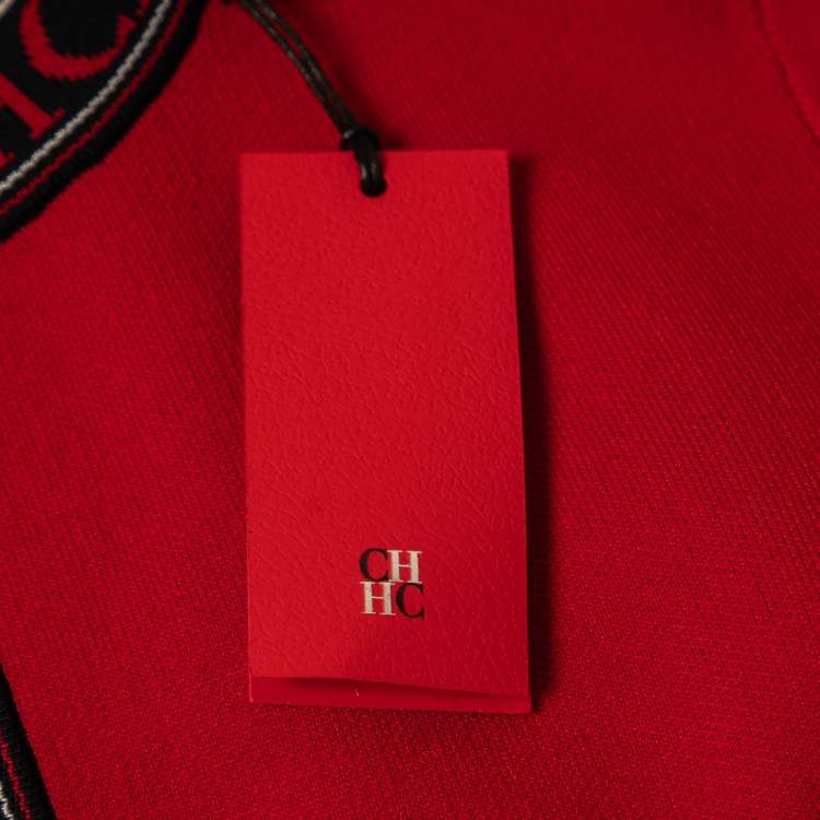 Pre Owned CH Carolina Herrera Red Knit Logo Tape Detailed Open Front Cardigan M