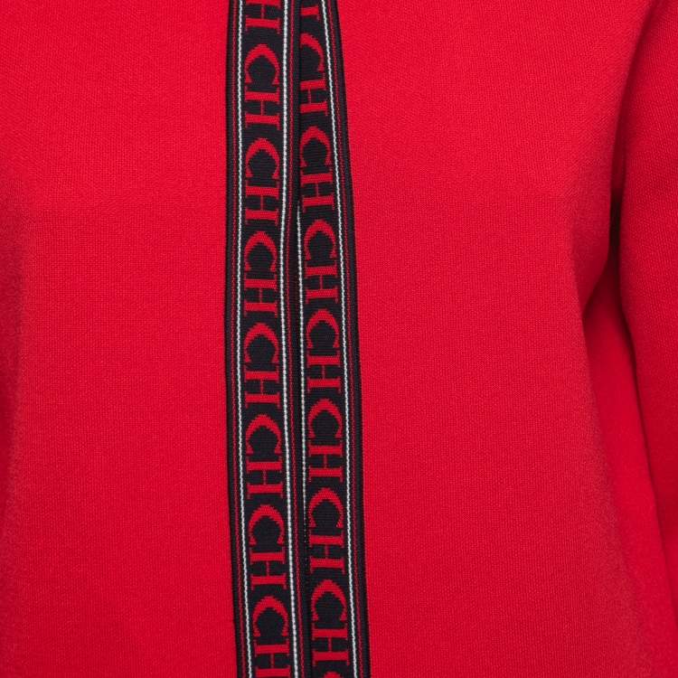 Pre Owned CH Carolina Herrera Red Knit Logo Tape Detailed Open Front Cardigan M