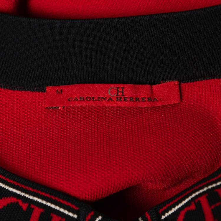 Pre Owned CH Carolina Herrera Red Knit Logo Tape Detailed Open Front Cardigan M