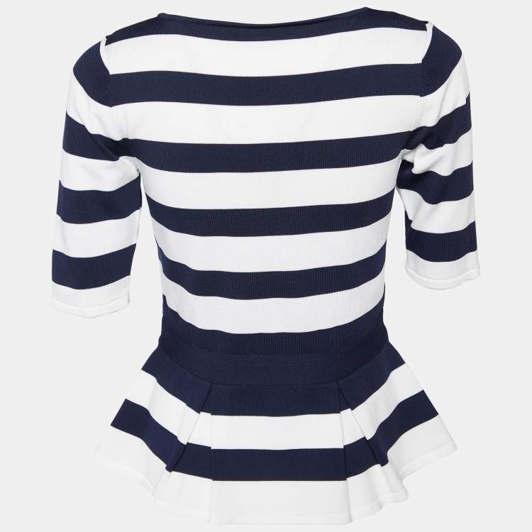 Pre Owned CH Carolina Herrera Navy Blue/White Striped Knit Peplum Top S