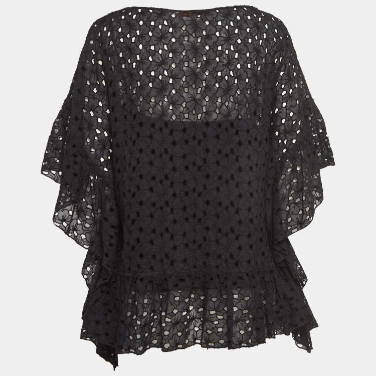 Pre Owned CH Carolina Herrera Black Floral Lace Oversized Kaftan Top XS
