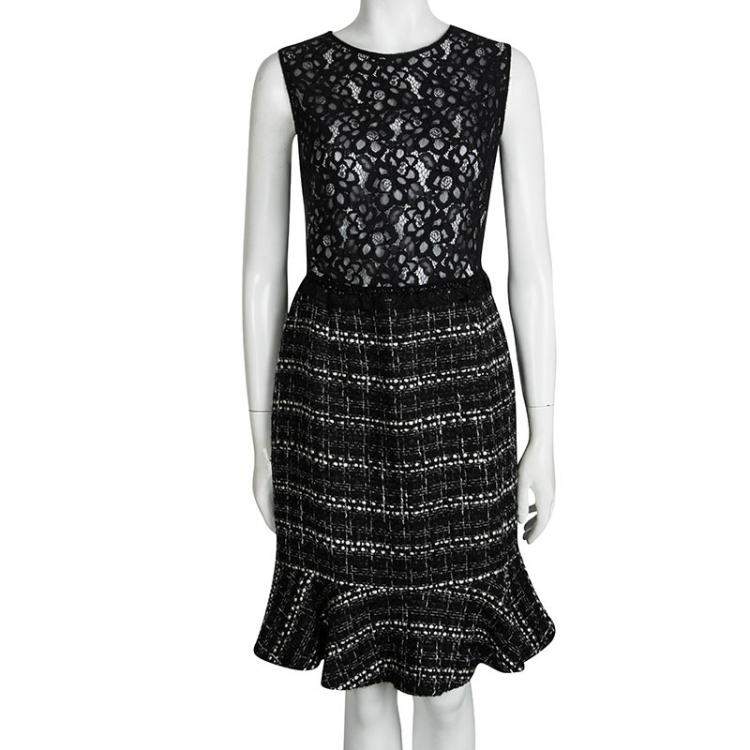 Pre Owned CH Carolina Herrera Monochrome Lace and Tweed  Sleeveless Dress L