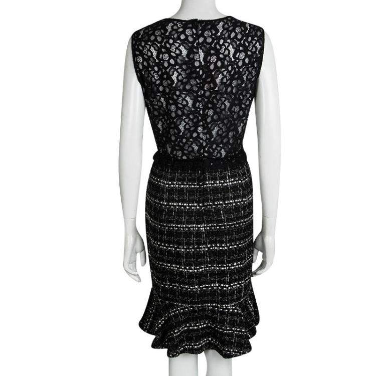 Pre Owned CH Carolina Herrera Monochrome Lace and Tweed  Sleeveless Dress L