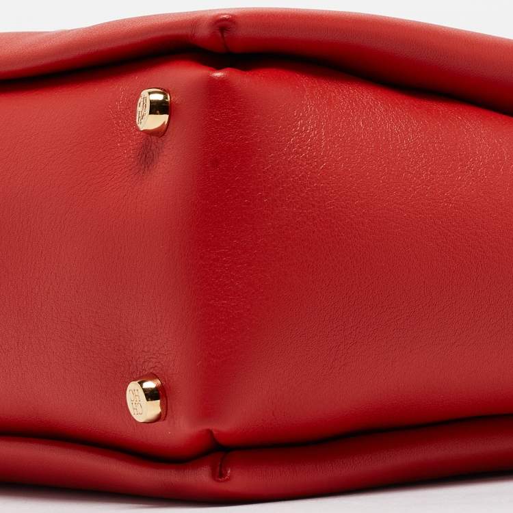 Pre Owned CH Carolina Herrera Red Leather Small Initials Insignia Soft Bucket Crossbody Bag