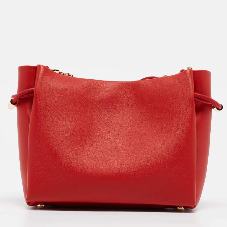 Pre Owned CH Carolina Herrera Red Leather Small Initials Insignia Soft Bucket Crossbody Bag