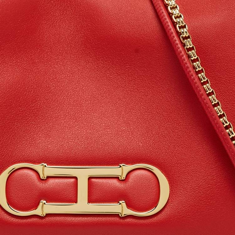 Pre Owned CH Carolina Herrera Red Leather Small Initials Insignia Soft Bucket Crossbody Bag