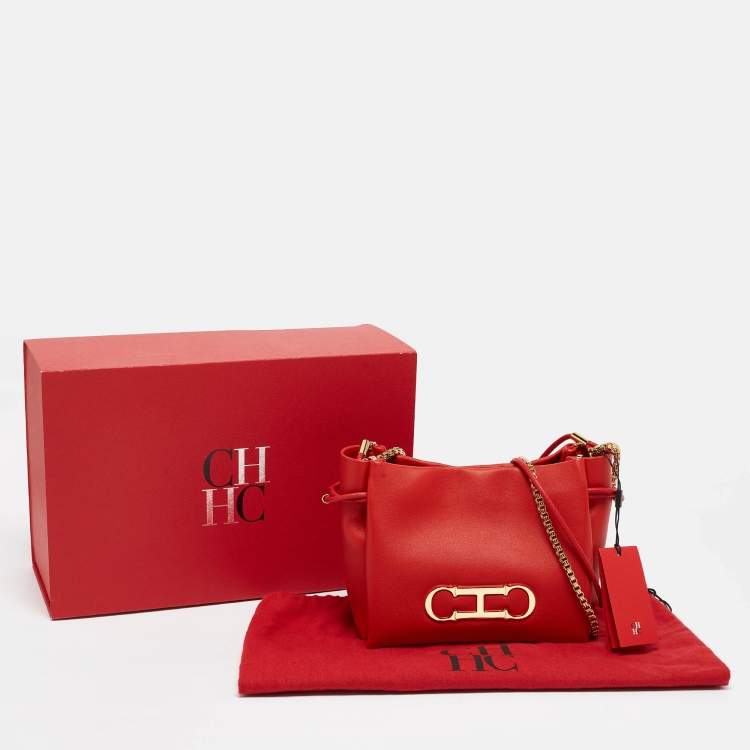 Pre Owned CH Carolina Herrera Red Leather Small Initials Insignia Soft Bucket Crossbody Bag