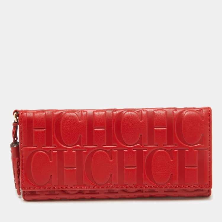 Pre Owned CH Carolina Herrera Red Monogram Embossed Leather Trifold Wallet