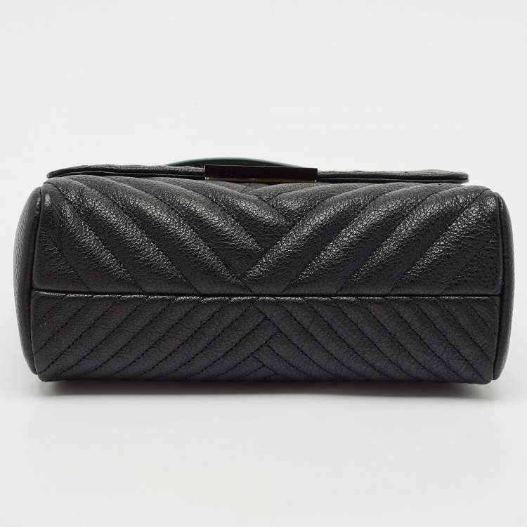 Pre Owned CH Carolina Herrera Black/Green Chevron Leather Flap Top Handle Bag
