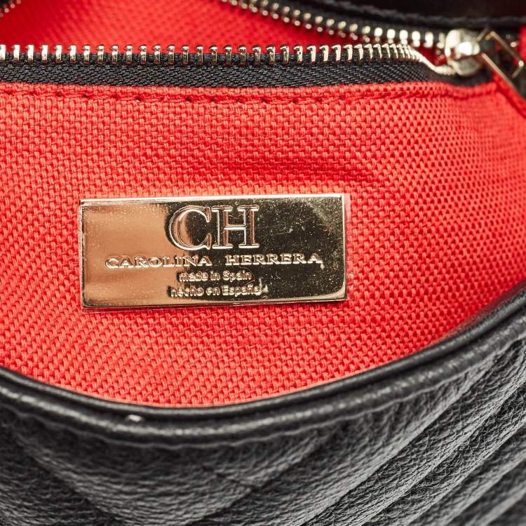 Pre Owned CH Carolina Herrera Black/Green Chevron Leather Flap Top Handle Bag