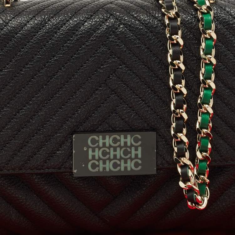 Pre Owned CH Carolina Herrera Black/Green Chevron Leather Flap Top Handle Bag