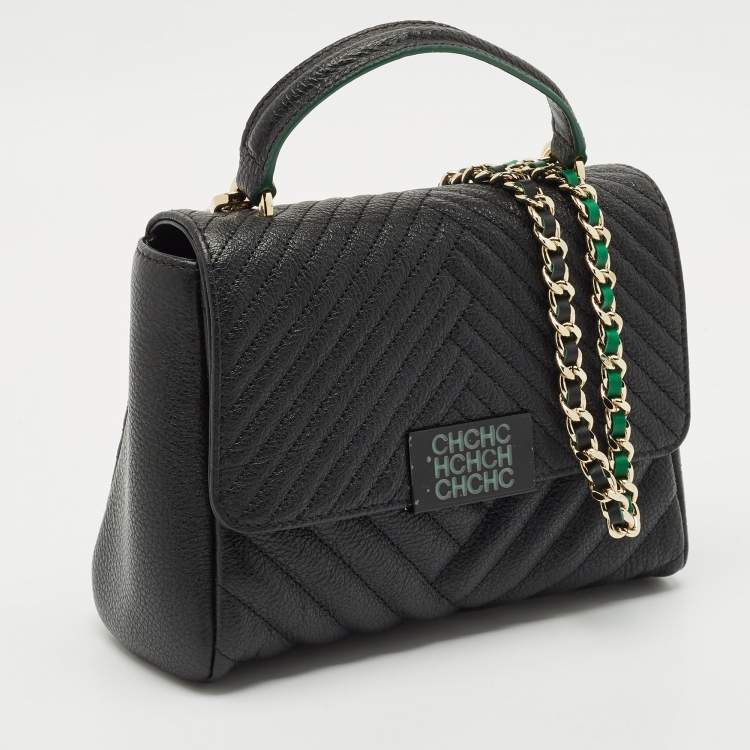 Pre Owned CH Carolina Herrera Black/Green Chevron Leather Flap Top Handle Bag