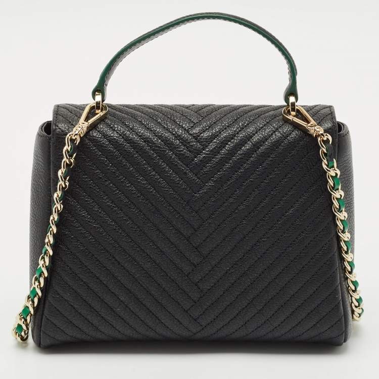 Pre Owned CH Carolina Herrera Black/Green Chevron Leather Flap Top Handle Bag