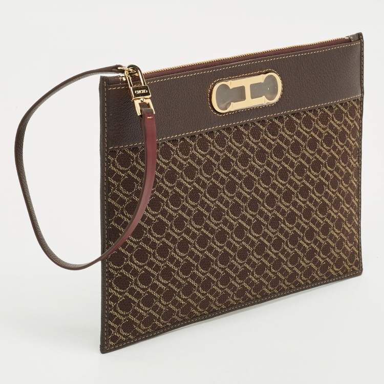 Pre Owned CH Carolina Herrera Brown Monogram Canvas and Leather Zip Pouch