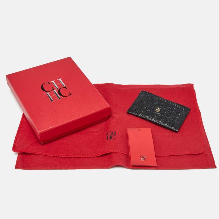 Pre Owned CH Carolina Herrera Black Monogram Leather Card Holder 