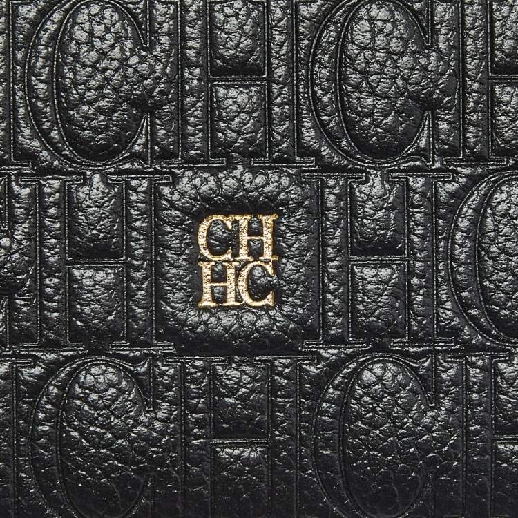 Pre Owned CH Carolina Herrera Black Monogram Leather Card Holder 