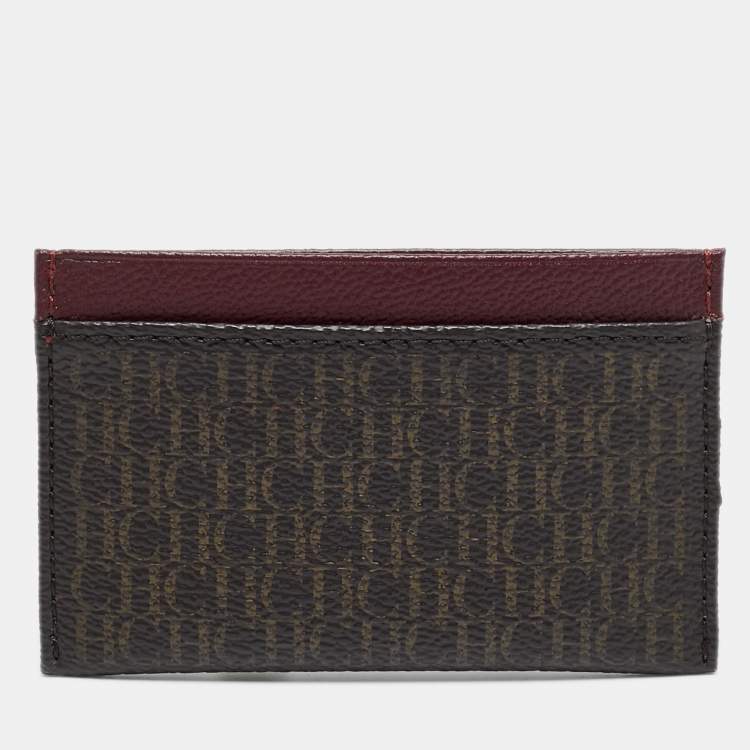 Pre Owned CH Carolina Herrera Brown/Burgundy Monogram Coated Canvas and Leather Card Holder