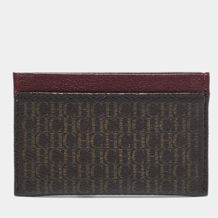 Pre Owned CH Carolina Herrera Brown/Burgundy Monogram Coated Canvas and Leather Card Holder
