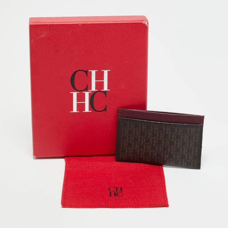 Pre Owned CH Carolina Herrera Brown/Burgundy Monogram Coated Canvas and Leather Card Holder