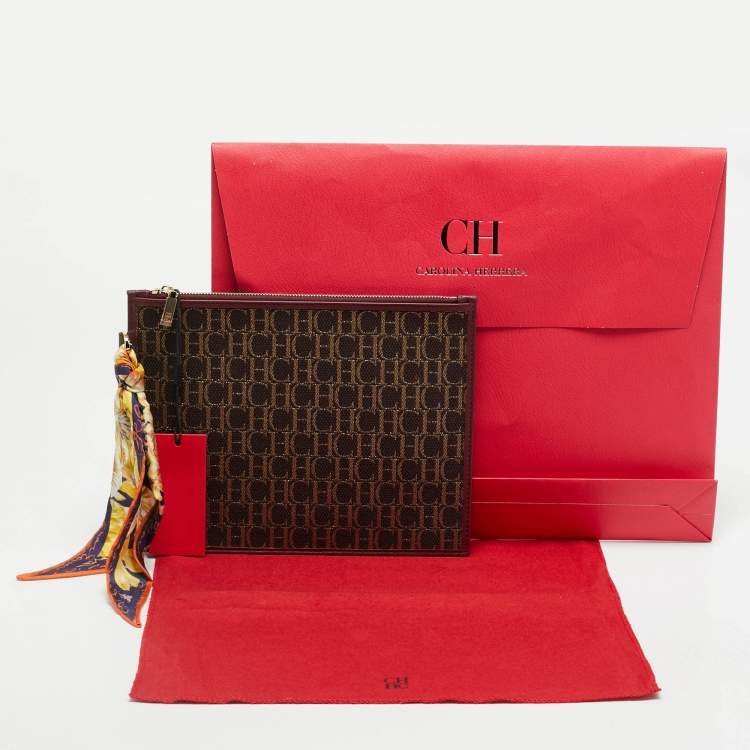 Pre Owned CH Carolina Herrera Continental Brown/Burgundy Monogram Canvas and Leather Pouch