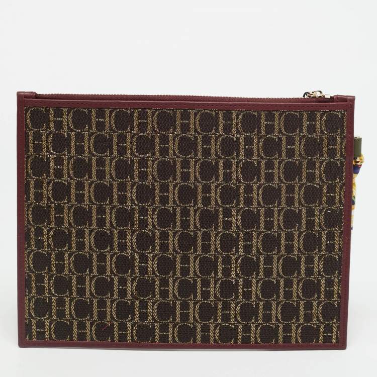 Pre Owned CH Carolina Herrera Continental Brown/Burgundy Monogram Canvas and Leather Pouch