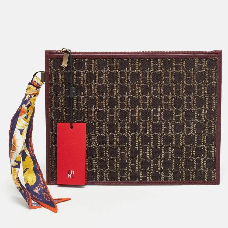 Pre Owned CH Carolina Herrera Continental Brown/Burgundy Monogram Canvas and Leather Pouch