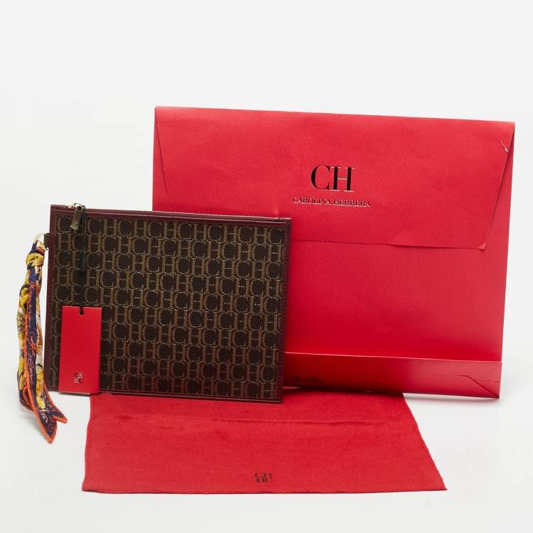 Pre Owned CH Carolina Herrera Continental Brown/Burgundy Monogram Canvas and Leather Pouch