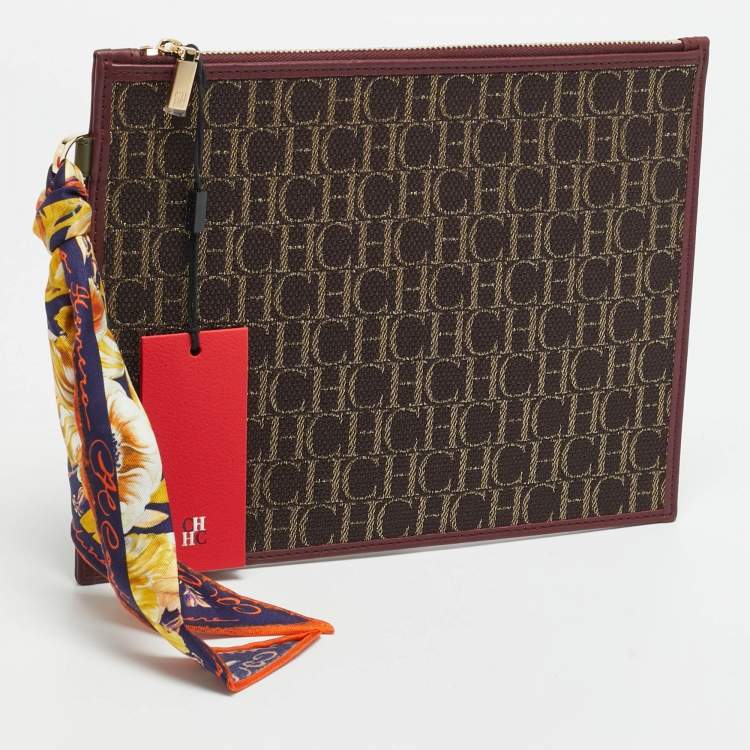 Pre Owned CH Carolina Herrera Continental Brown/Burgundy Monogram Canvas and Leather Pouch