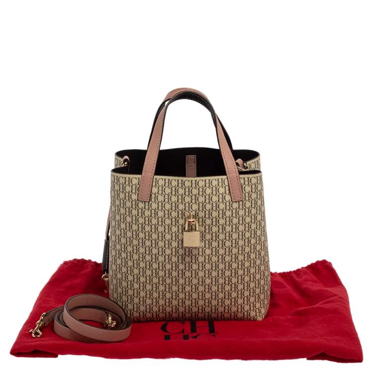 Pre Owned Carolina Herrera Beige/Pink  Monogram Coated Canvas and Leather Matryoshka Padlock Tote